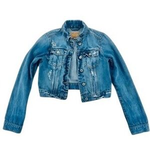 Hollister Cropped Denim Jacket Medium Blue Distressed Button Front